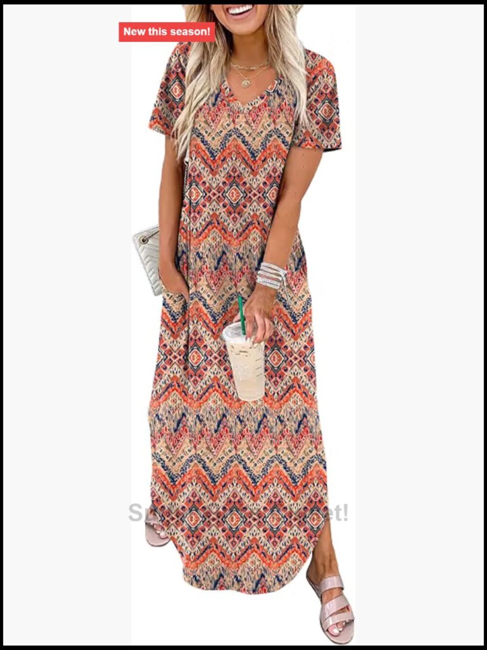 Women's Floral Maxi Dress V-Neck Short Sleeve with Pockets Casual Summer Beach